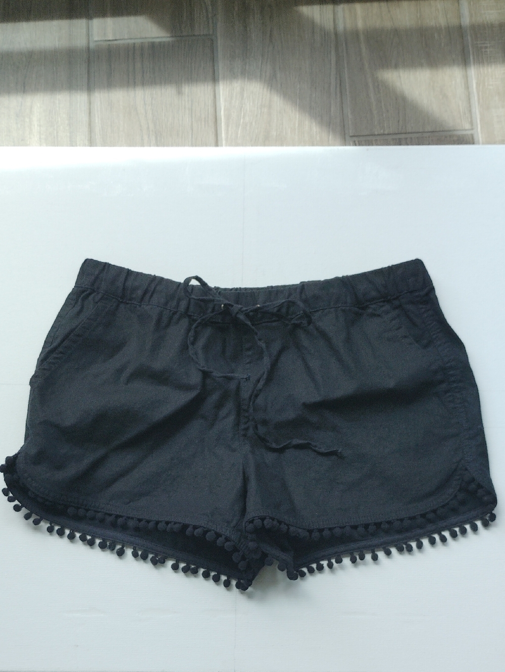 J. Crew Womens Black Pom Pom Shorts Sz S Linen/Cotton Boho Minimalist Vacation